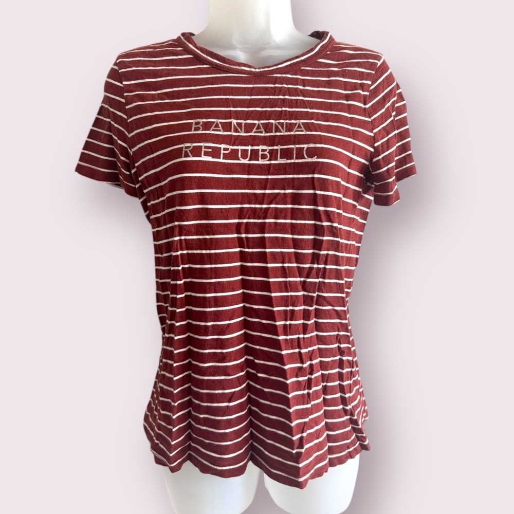 Banana Republic Striped Logo Tee Crewneck Short Sleeve Brown Size M